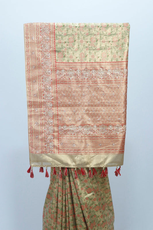 Elegant Light Green and Peach Banarasi Silk Saree with Floral Zari Weaving and Tassel Detailing Wedding Festive Wear - Mangaldeep NX