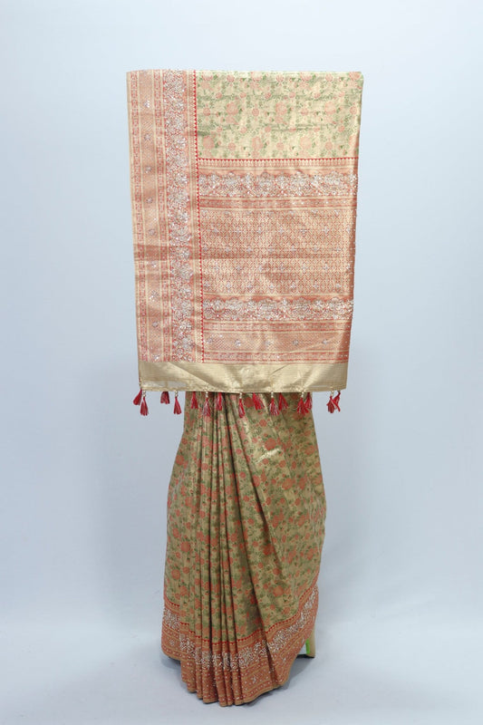 Elegant Light Green and Peach Banarasi Silk Saree with Floral Zari Weaving and Tassel Detailing Wedding Festive Wear - Mangaldeep NX