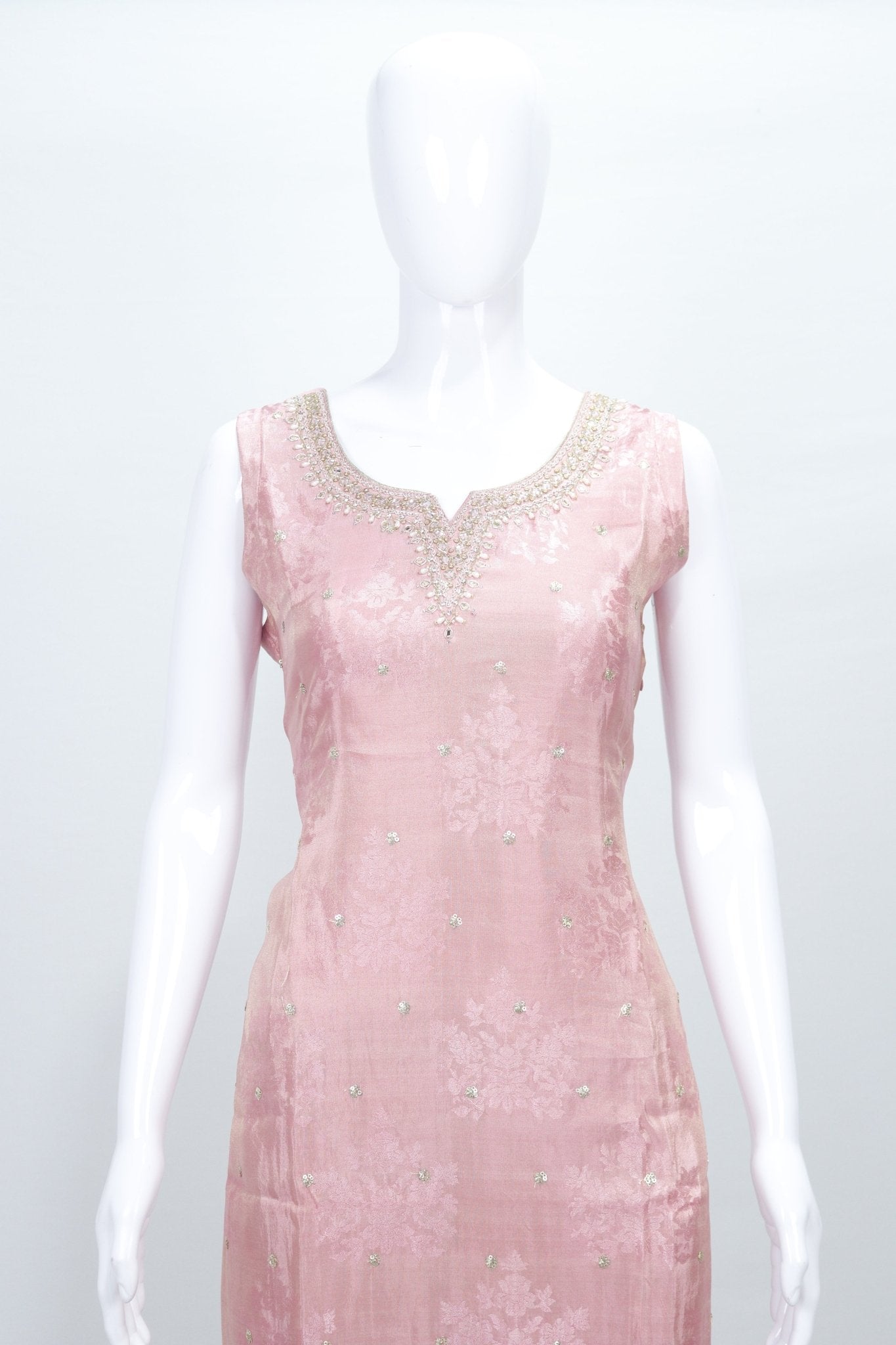 Elegant Light Pink Sleeveless Embroidered Salwar Suit Set with Net Dupatta for Women - Mangaldeep NX
