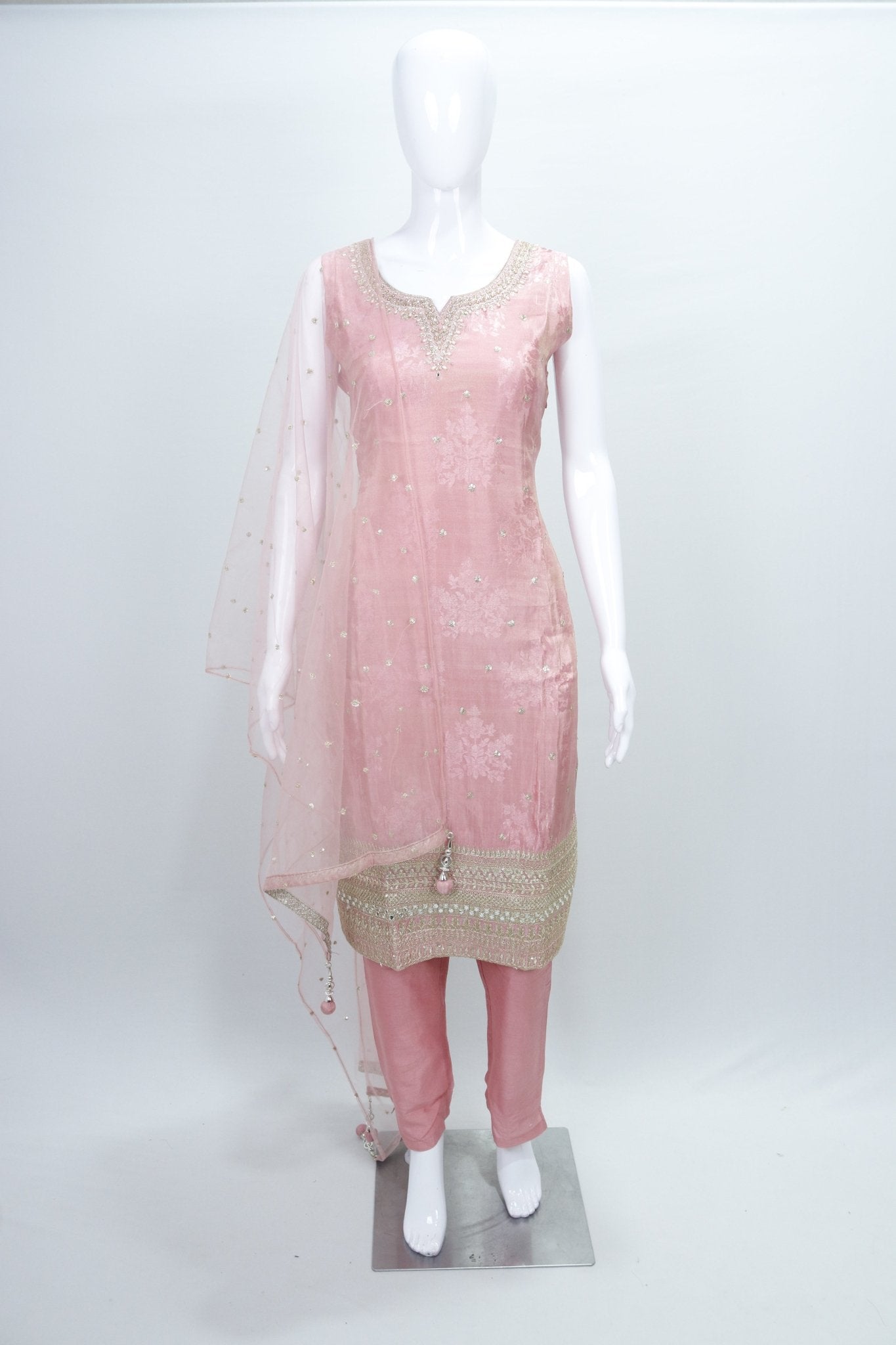 Elegant Light Pink Sleeveless Embroidered Salwar Suit Set with Net Dupatta for Women - Mangaldeep NX