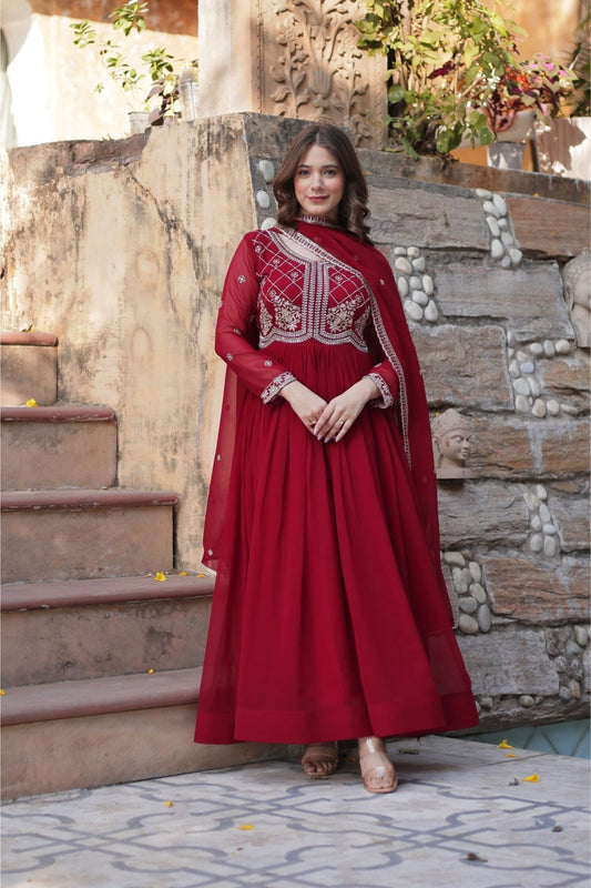 Elegant Maroon Anarkali Dress with Heavy Embroidery - Mangaldeep NX
