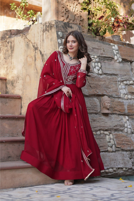 Elegant Maroon Anarkali Dress with Heavy Embroidery - Mangaldeep NX