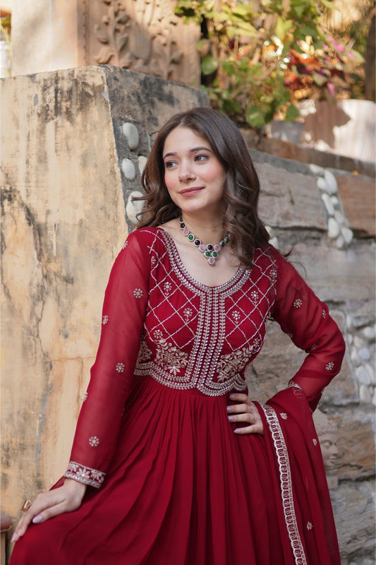 Elegant Maroon Anarkali Dress with Heavy Embroidery - Mangaldeep NX