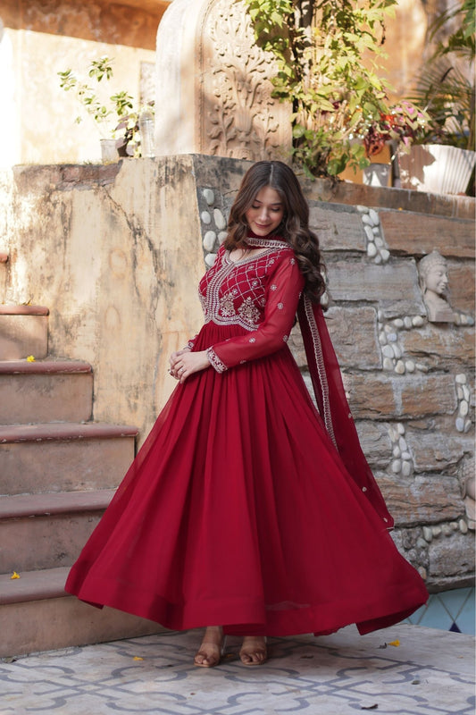 Elegant Maroon Anarkali Dress with Heavy Embroidery - Mangaldeep NX