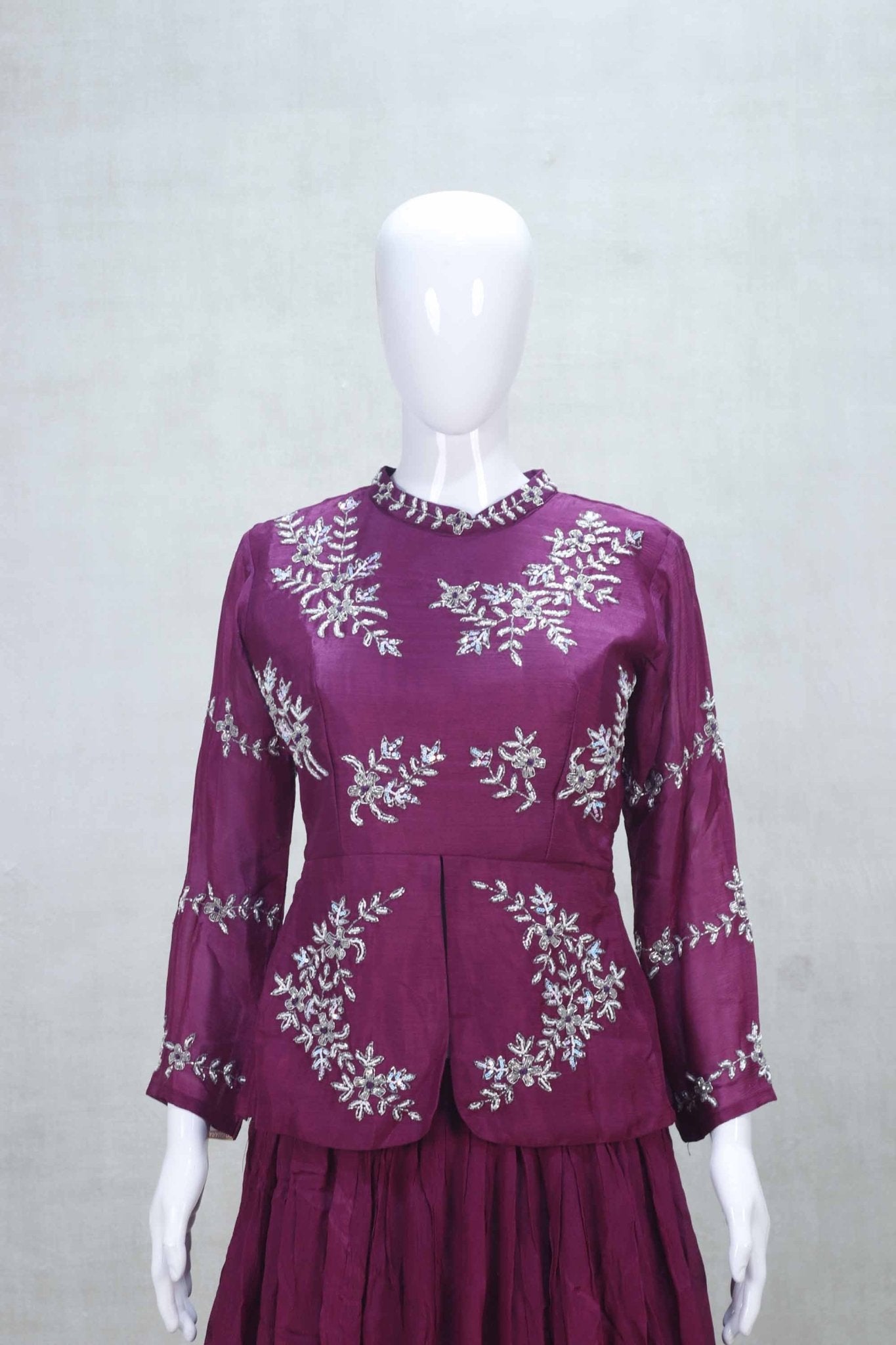 Elegant Maroon Embroidered Lehenga Set with Peplum Top and Dupatta - Mangaldeep NX