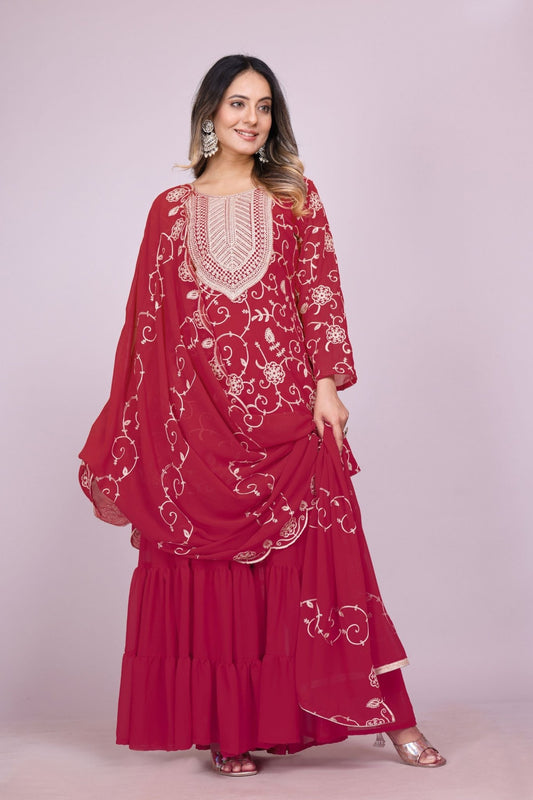 Elegant Maroon Embroidered Readymade Sharara Suit - Mangaldeep NX