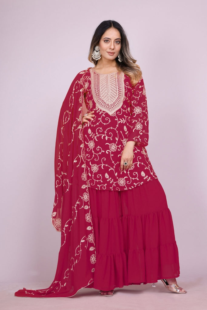 Elegant Maroon Embroidered Readymade Sharara Suit - Mangaldeep NX