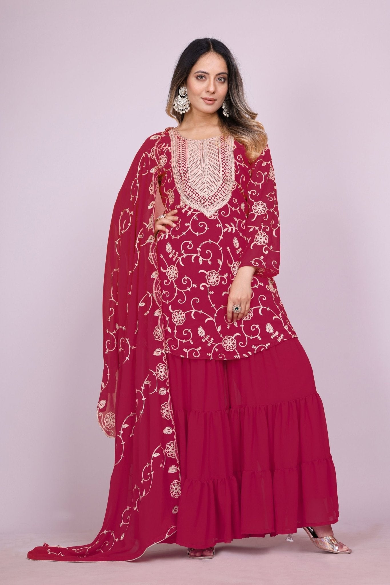 Elegant Maroon Embroidered Readymade Sharara Suit - Mangaldeep NX