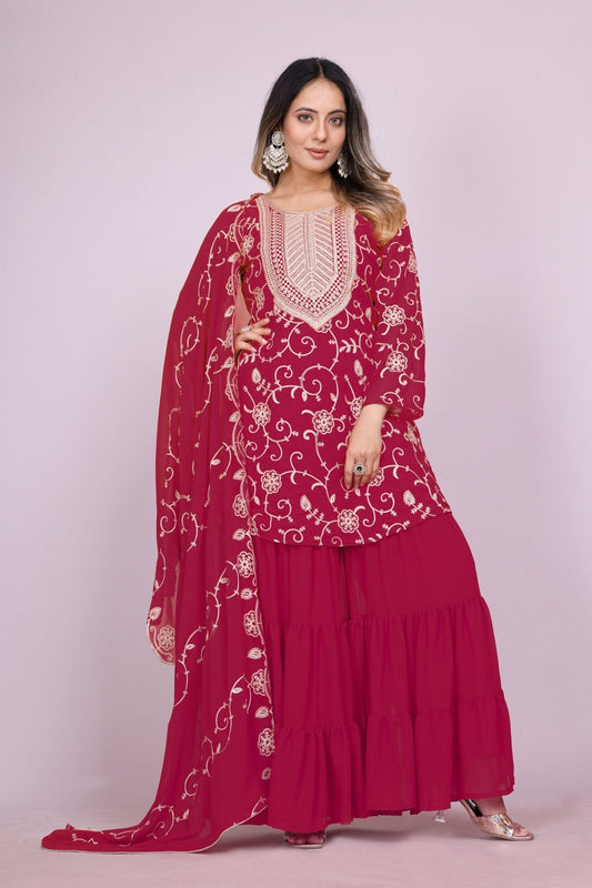 Elegant Maroon Embroidered Readymade Sharara Suit - Mangaldeep NX