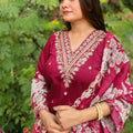 Elegant Maroon Embroidered Straight Salwar Suitt with Floral Organza Dupatta - Mangaldeep NX