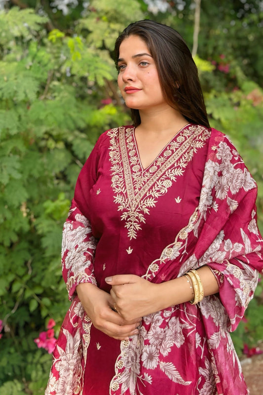 Elegant Maroon Embroidered Straight Salwar Suitt with Floral Organza Dupatta - Mangaldeep NX