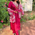 Elegant Maroon Embroidered Straight Salwar Suitt with Floral Organza Dupatta - Mangaldeep NX