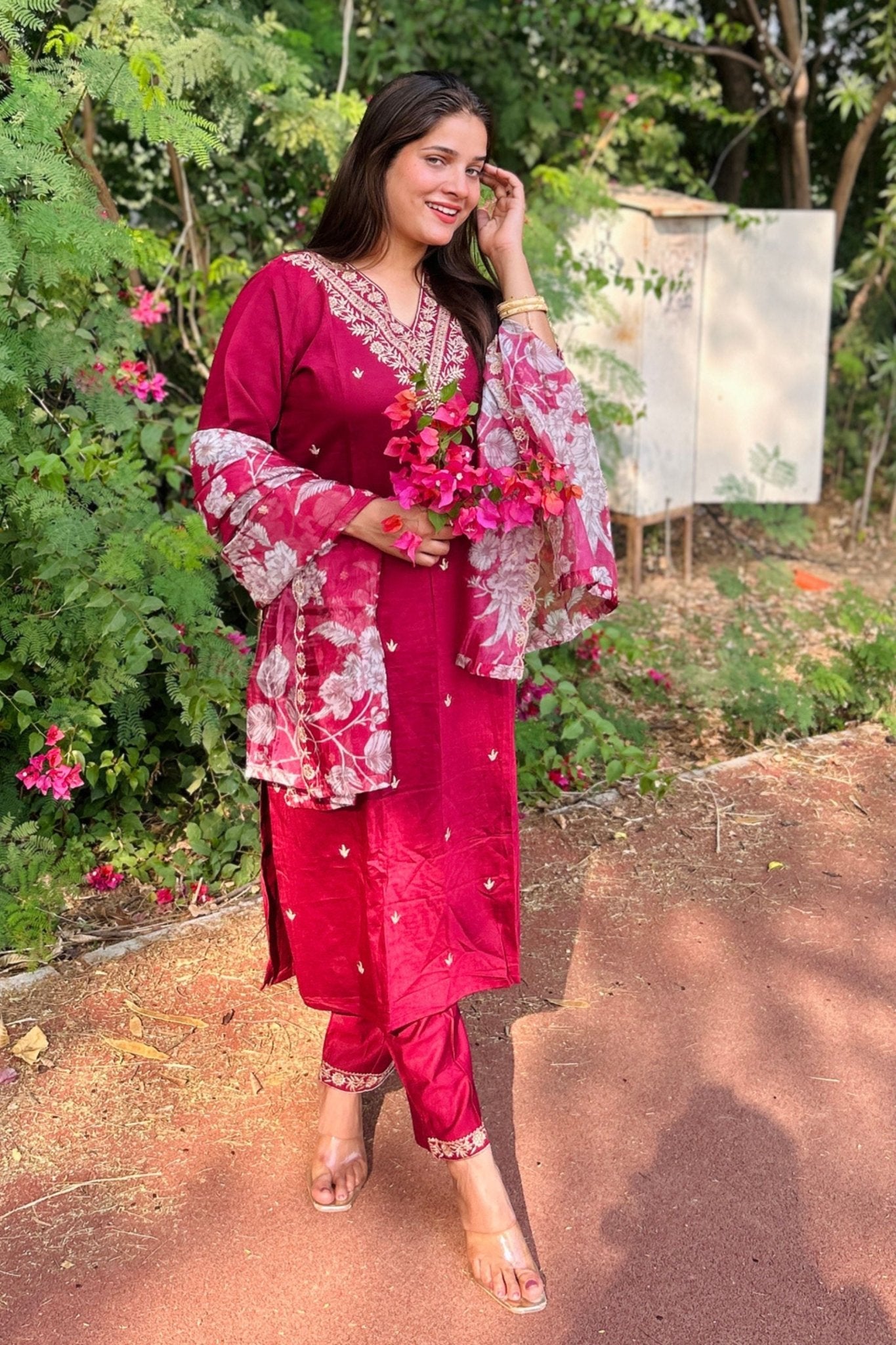 Elegant Maroon Embroidered Straight Salwar Suitt with Floral Organza Dupatta - Mangaldeep NX