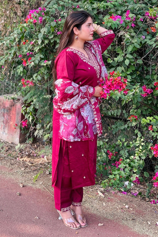 Elegant Maroon Embroidered Straight Salwar Suitt with Floral Organza Dupatta - Mangaldeep NX