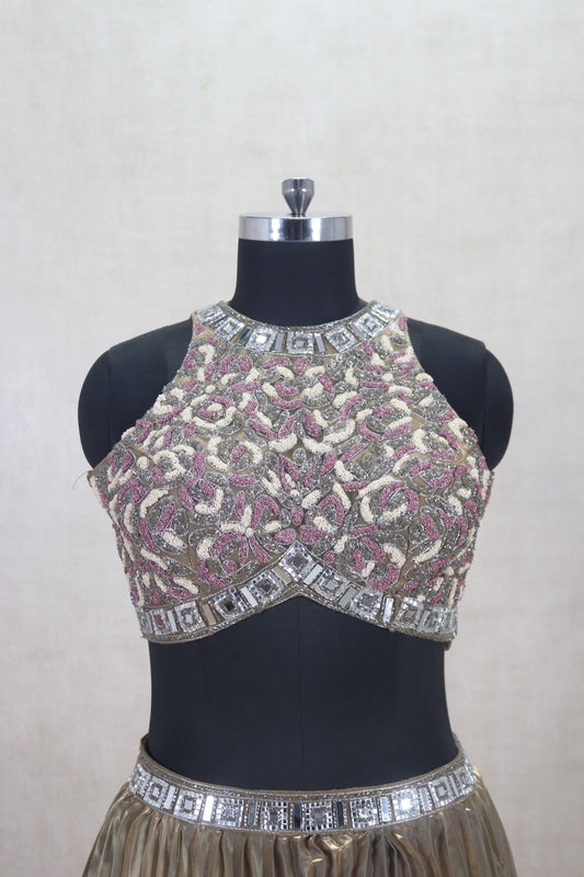 Elegant Metallic Gold Pleated Lehenga with Embellished Blouse - Mangaldeep NX