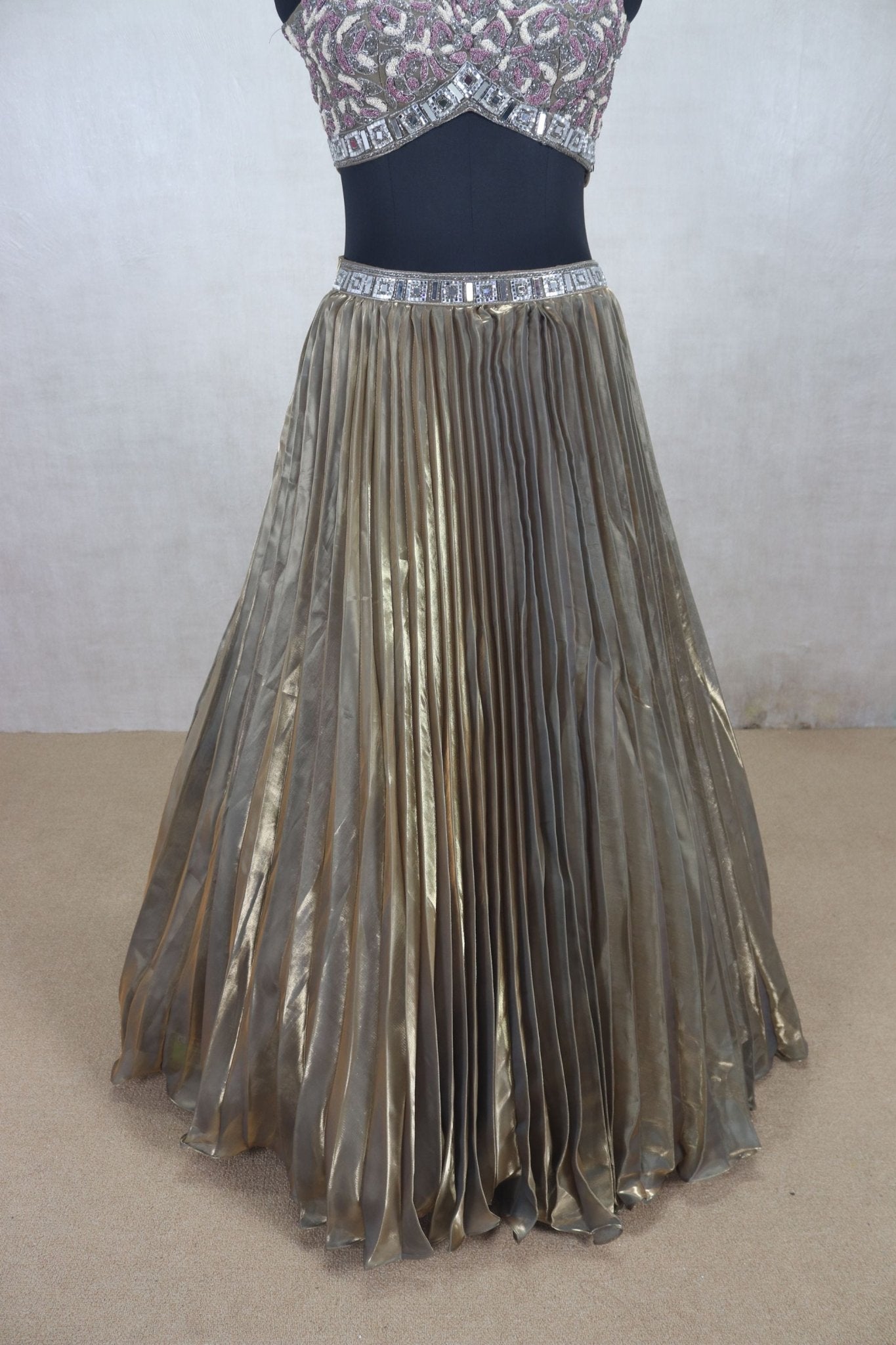 Elegant Metallic Gold Pleated Lehenga with Embellished Blouse - Mangaldeep NX