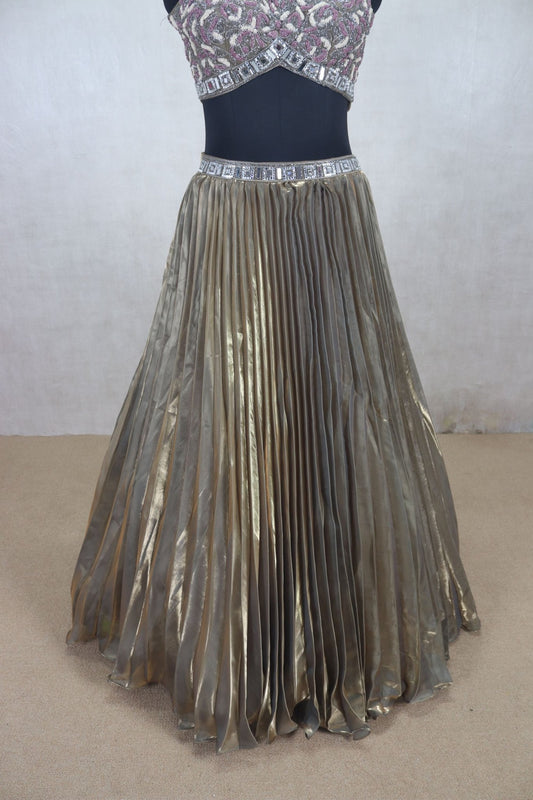 Elegant Metallic Gold Pleated Lehenga with Embellished Blouse - Mangaldeep NX
