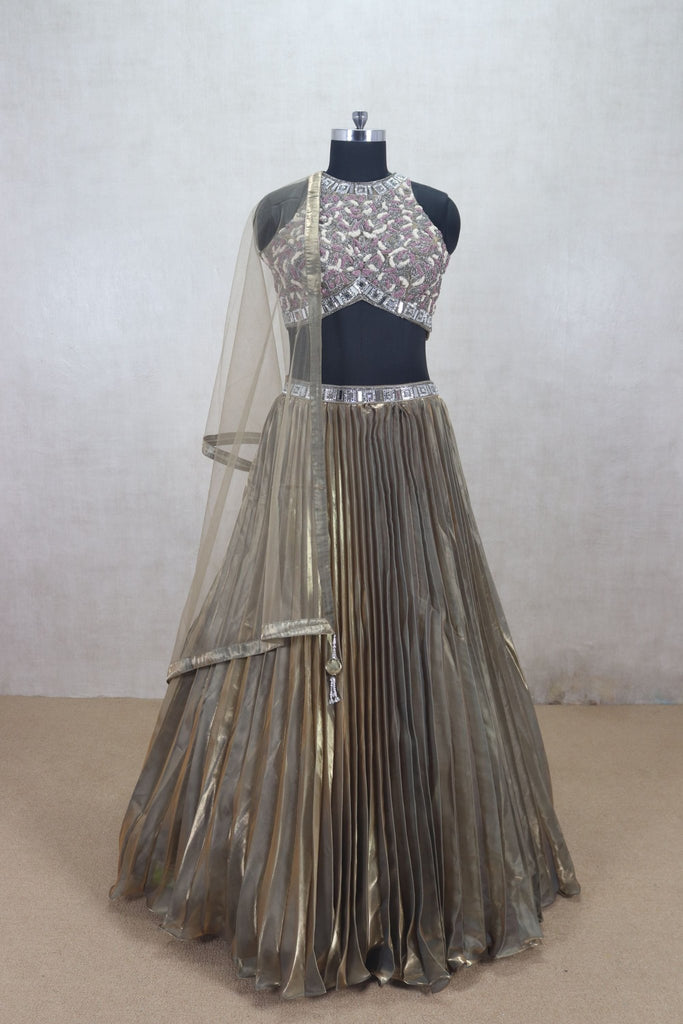 Elegant Metallic Gold Pleated Lehenga with Embellished Blouse - Mangaldeep NX