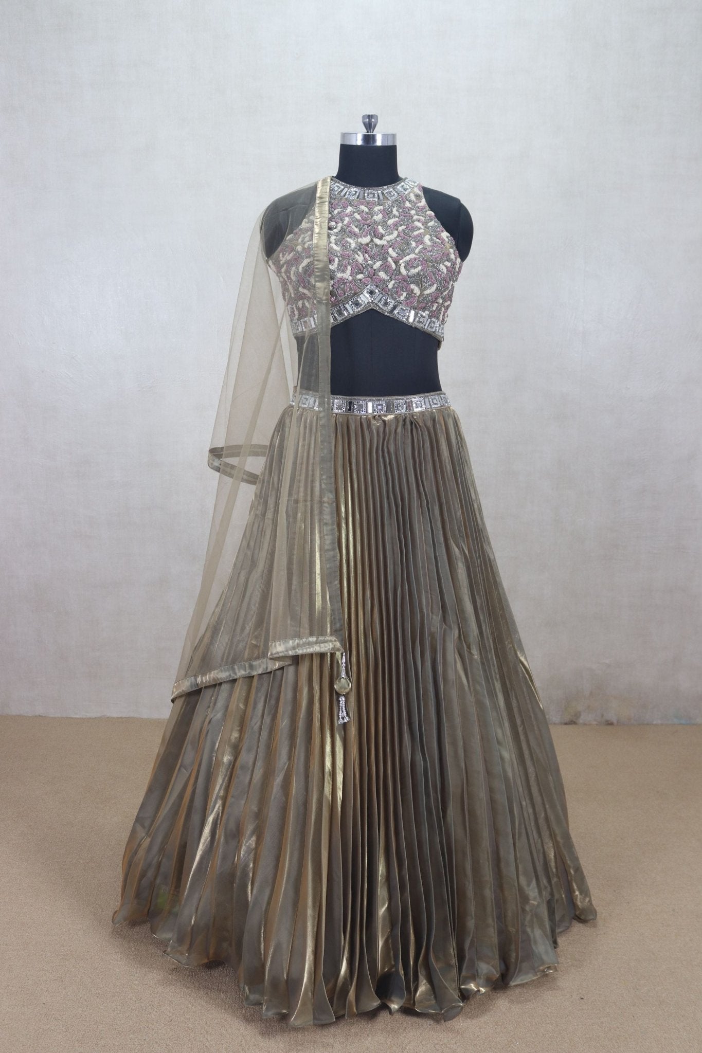 Elegant Metallic Gold Pleated Lehenga with Embellished Blouse - Mangaldeep NX