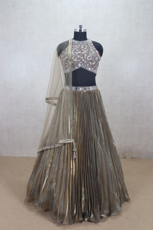 Elegant Metallic Gold Pleated Lehenga with Embellished Blouse - Mangaldeep NX