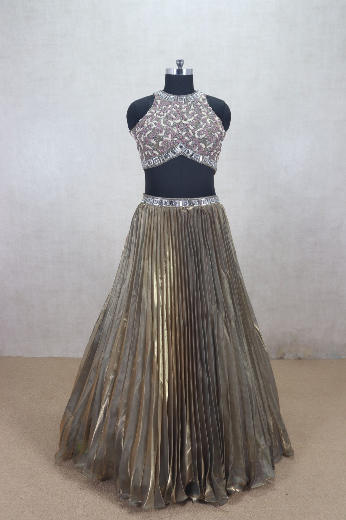 Elegant Metallic Gold Pleated Lehenga with Embellished Blouse - Mangaldeep NX