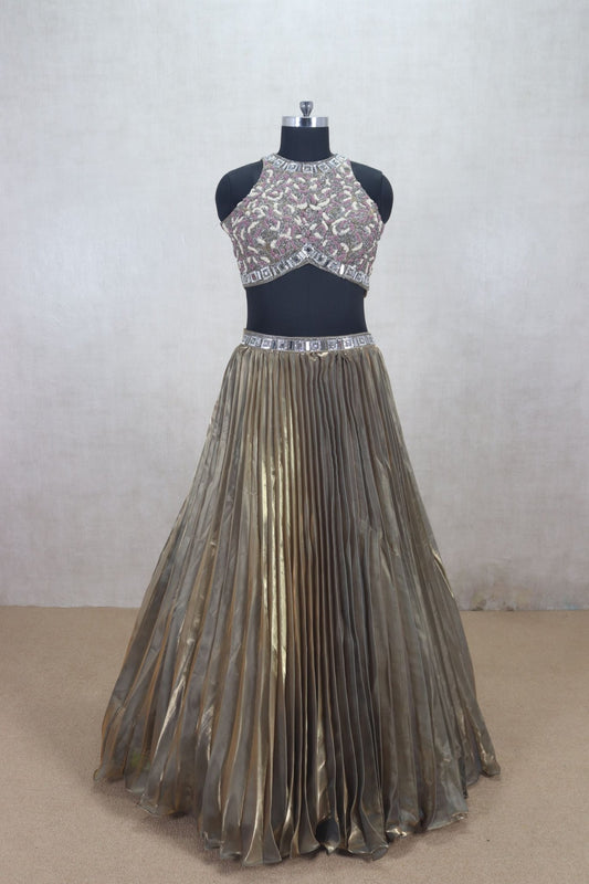 Elegant Metallic Gold Pleated Lehenga with Embellished Blouse - Mangaldeep NX