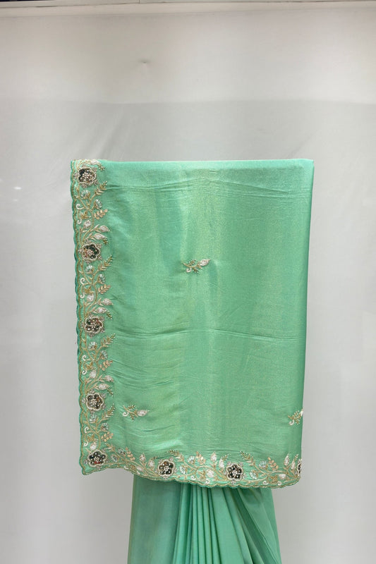 Elegant Mint Green Satin Saree with Floral Embroidery - Mangaldeep NX