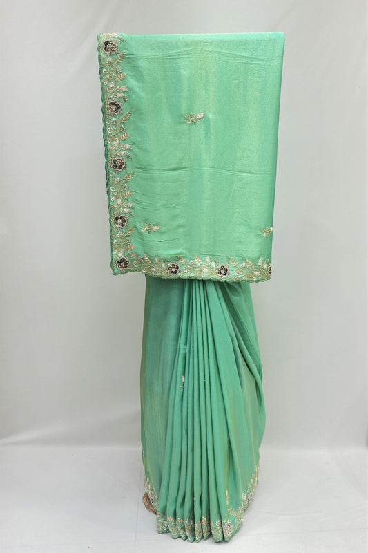 Elegant Mint Green Satin Saree with Floral Embroidery - Mangaldeep NX