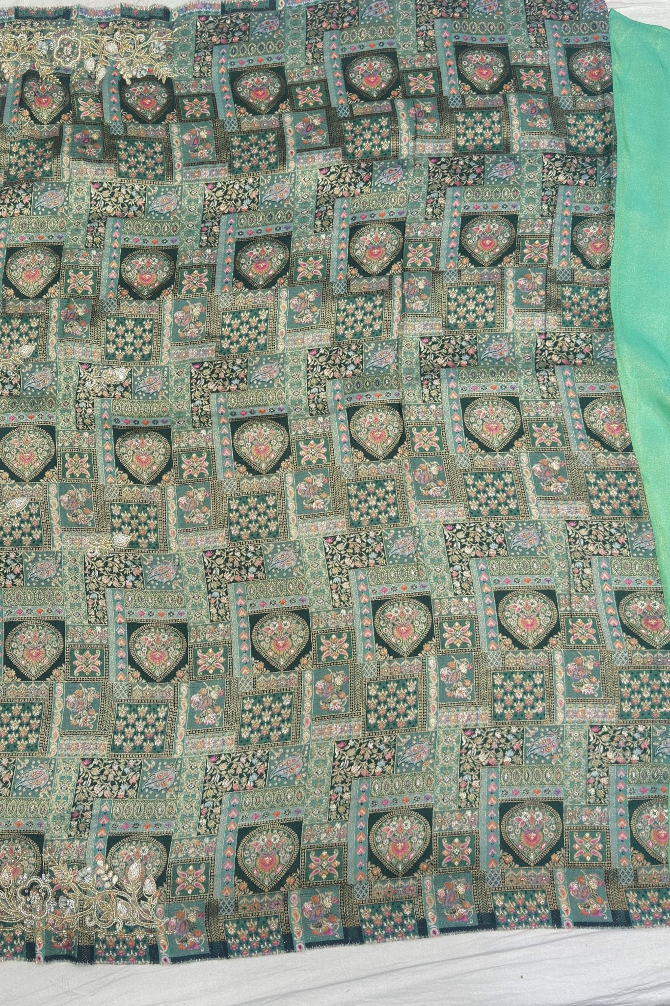 Elegant Mint Green Satin Saree with Floral Embroidery - Mangaldeep NX