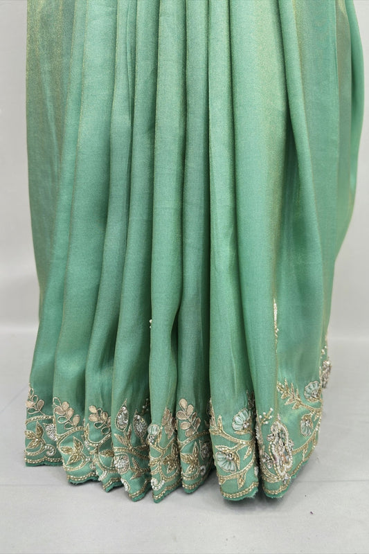 Elegant Mint Green Satin Saree with Floral Embroidery - Mangaldeep NX