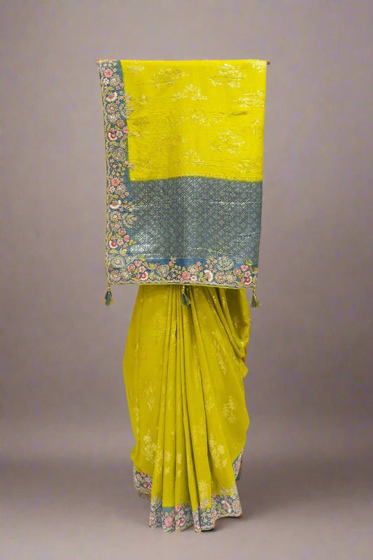 Elegant Mustard Yellow Banarasi Silk Saree with Floral Border - Mangaldeep NX