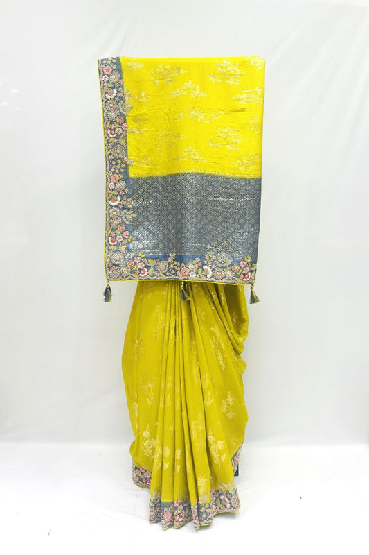 Elegant Mustard Yellow Banarasi Silk Saree with Floral Embroidered Border - Mangaldeep NX