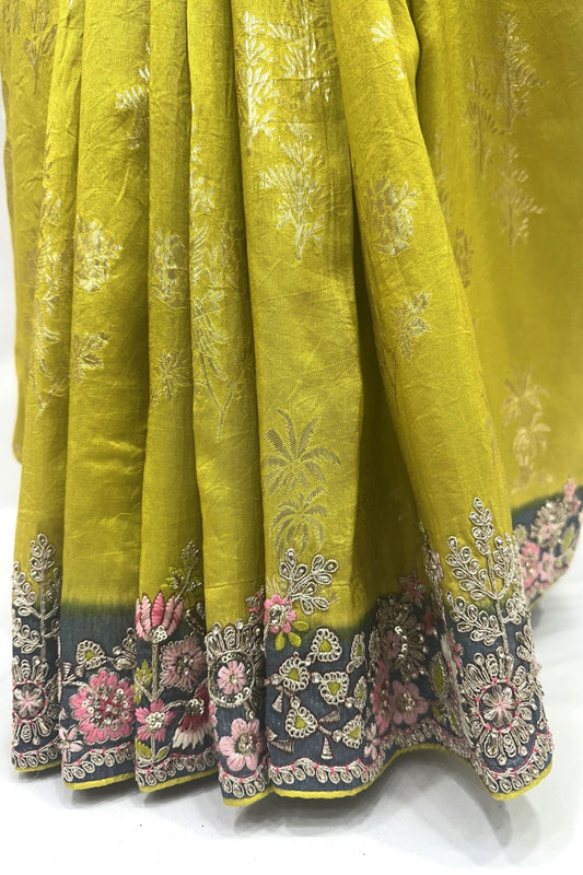 Elegant Mustard Yellow Banarasi Silk Saree with Floral Embroidered Border - Mangaldeep NX