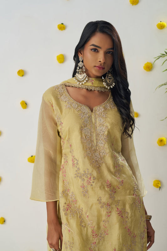 Elegant Mustard Yellow Chiffon Embroidered Salwar Suit - Mangaldeep NX