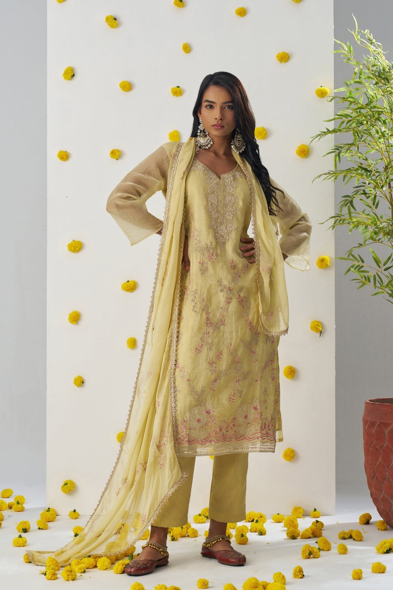 Elegant Mustard Yellow Chiffon Embroidered Salwar Suit - Mangaldeep NX