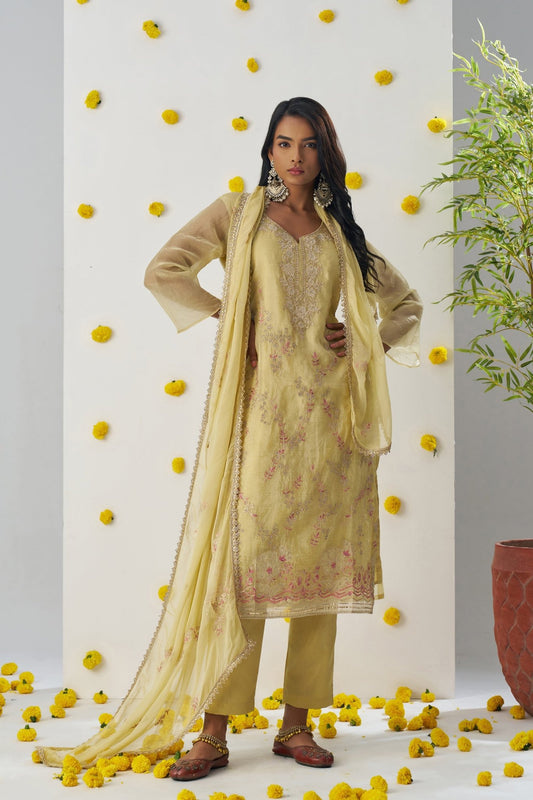Elegant Mustard Yellow Chiffon Embroidered Salwar Suit - Mangaldeep NX