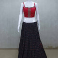 Elegant Navy Blue and Red Printed Lehenga Set with Embroidered Jacket - Mangaldeep NX