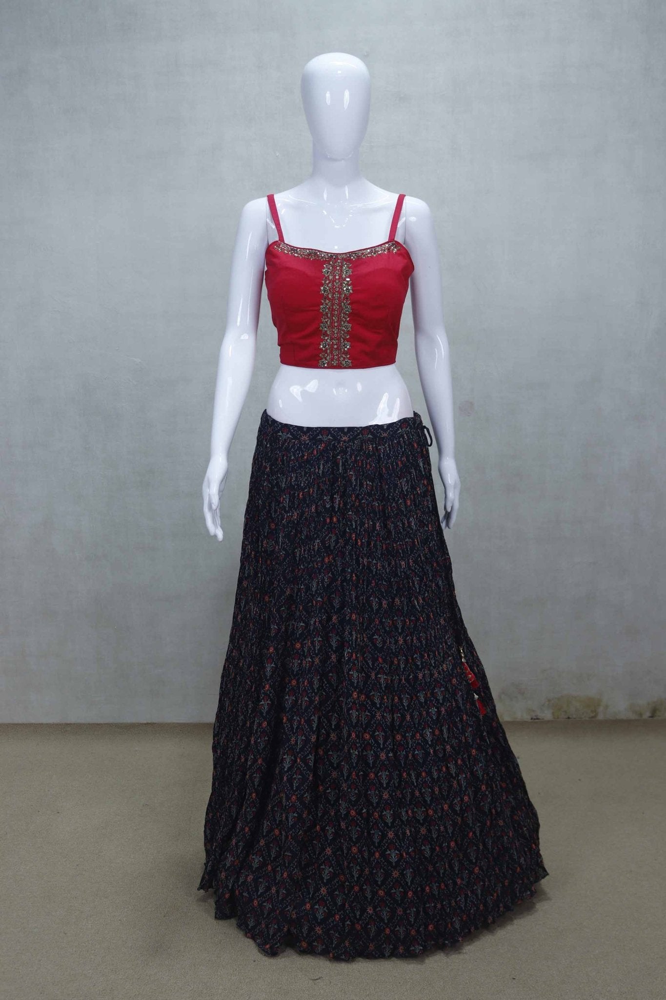 Elegant Navy Blue and Red Printed Lehenga Set with Embroidered Jacket - Mangaldeep NX