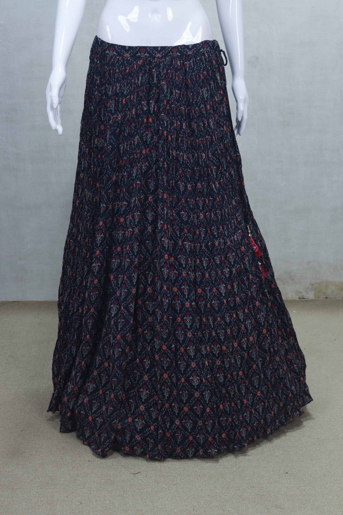 Elegant Navy Blue and Red Printed Lehenga Set with Embroidered Jacket - Mangaldeep NX