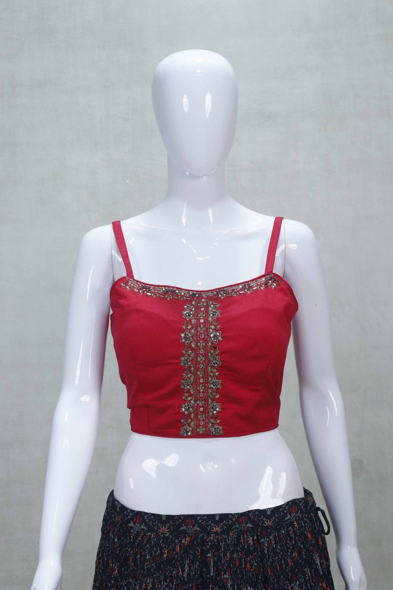 Elegant Navy Blue and Red Printed Lehenga Set with Embroidered Jacket - Mangaldeep NX