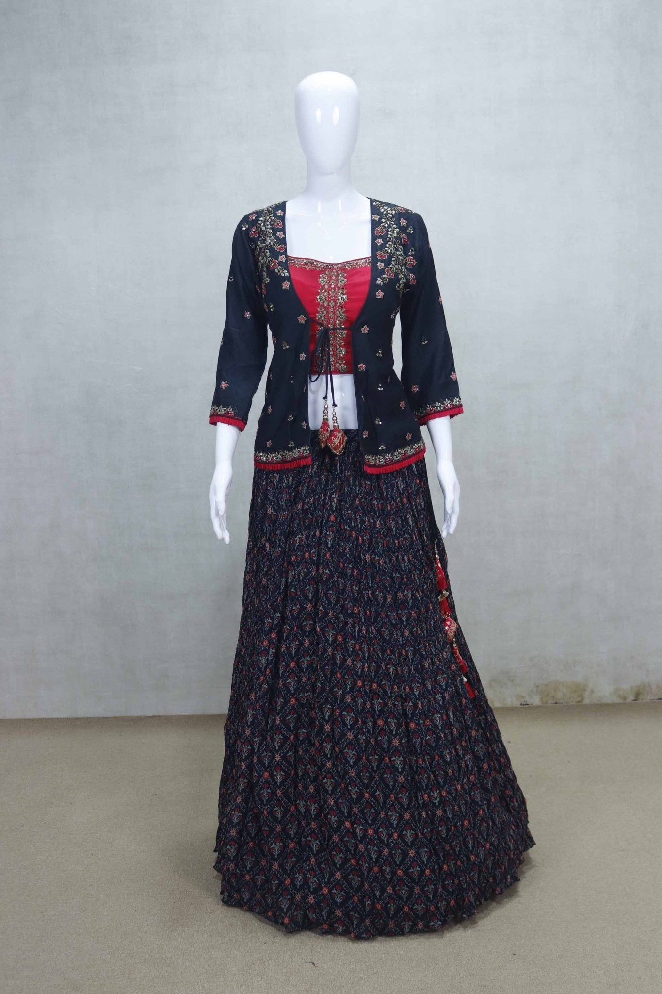 Elegant Navy Blue and Red Printed Lehenga Set with Embroidered Jacket - Mangaldeep NX