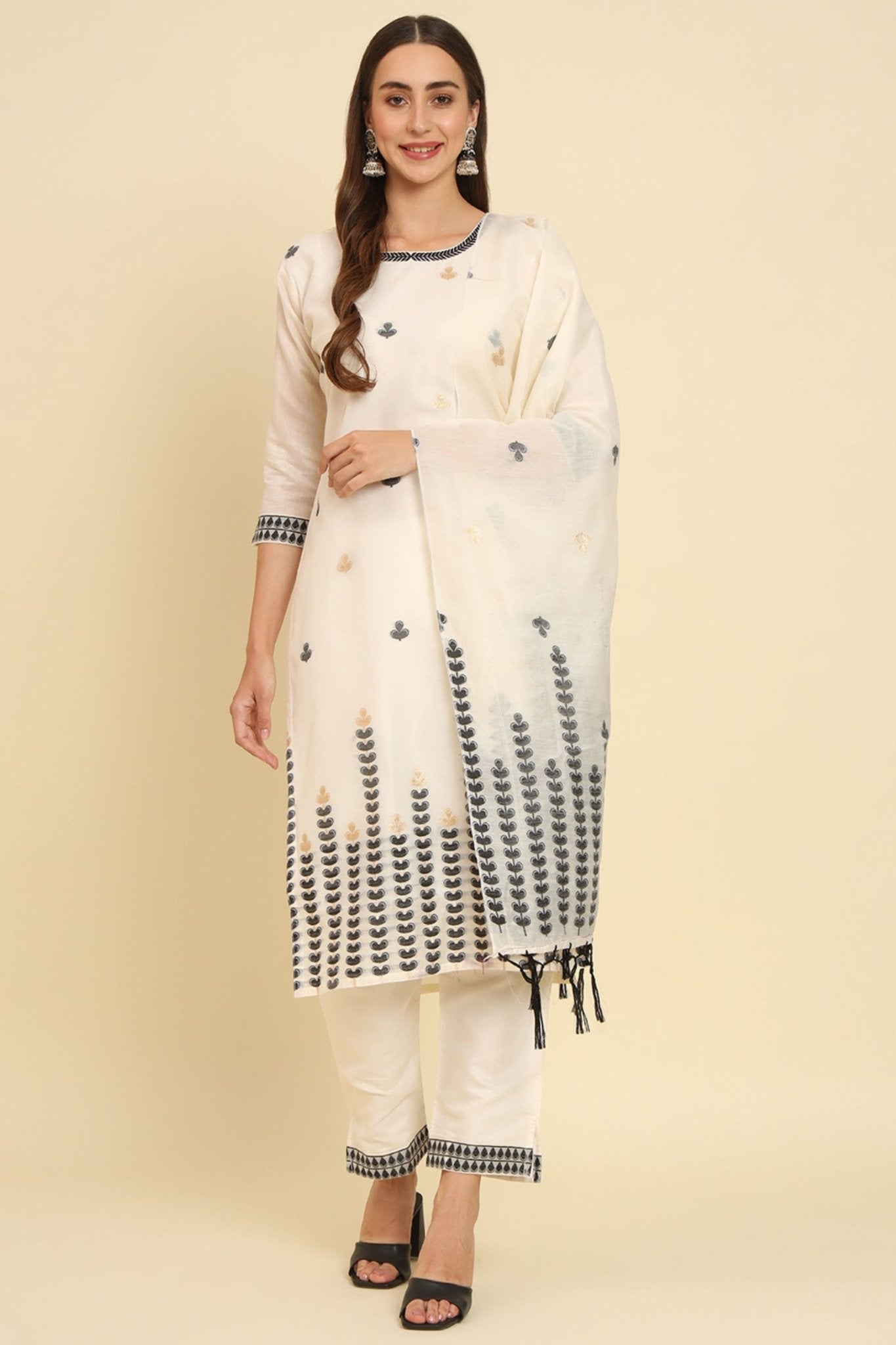 Elegant Off - White Embroidered Cotton Silk Salwar Suit with Dupatta - Mangaldeep NX
