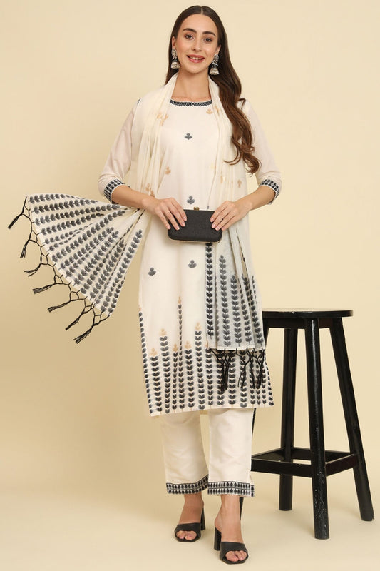 Elegant Off - White Embroidered Cotton Silk Salwar Suit with Dupatta - Mangaldeep NX