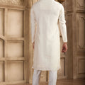 Elegant Off - White Silk Kurta Pyjama Set with Mirror Work Detailing - Mangaldeep NX