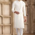 Elegant Off - White Silk Kurta Pyjama Set with Mirror Work Detailing - Mangaldeep NX