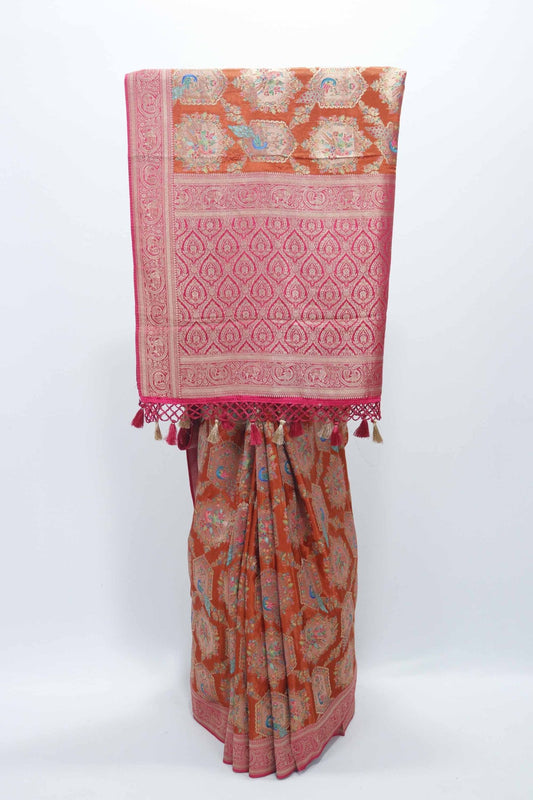 Elegant Orange and Pink Banarasi Silk Saree Traditional Festive & Wedding Wear - Mangaldeep NX