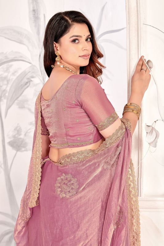 Elegant Party Wear Pink Saree with Golden Embroidery - Mangaldeep NX