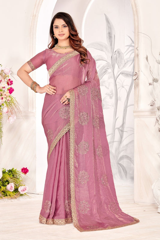 Elegant Party Wear Pink Saree with Golden Embroidery - Mangaldeep NX