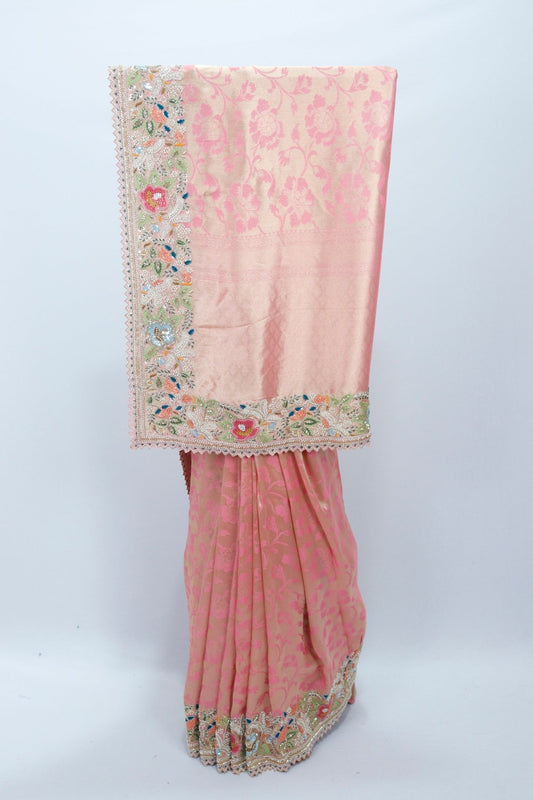 Elegant Peach Banarasi Silk Saree Traditional Wedding Festive Wear - Mangaldeep NX