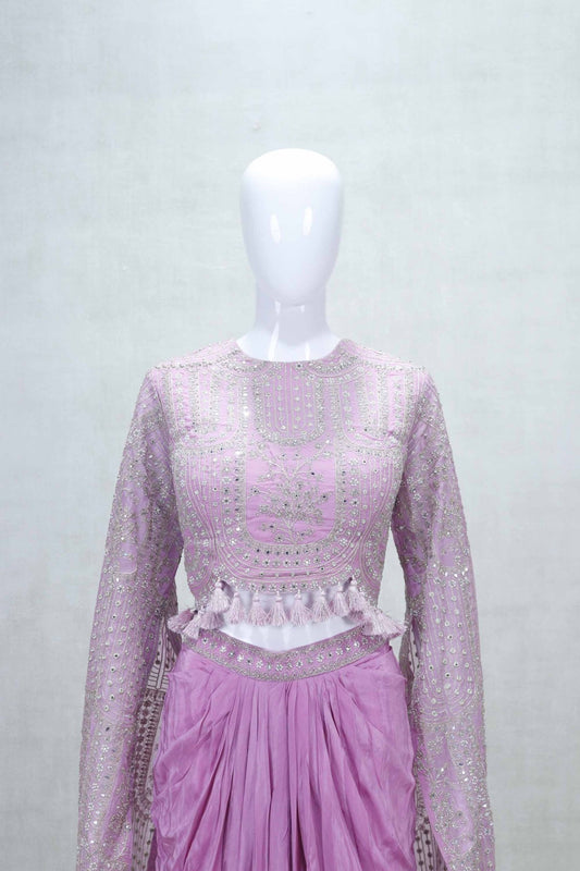 Elegant Pink Embellished Crop Top and Draped Skirt Set with Tassel Details - Mangaldeep NX